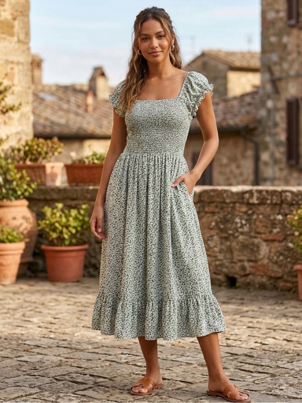 Beechers Brook Smocked Square-Neck Midi Dress in Sage Floral